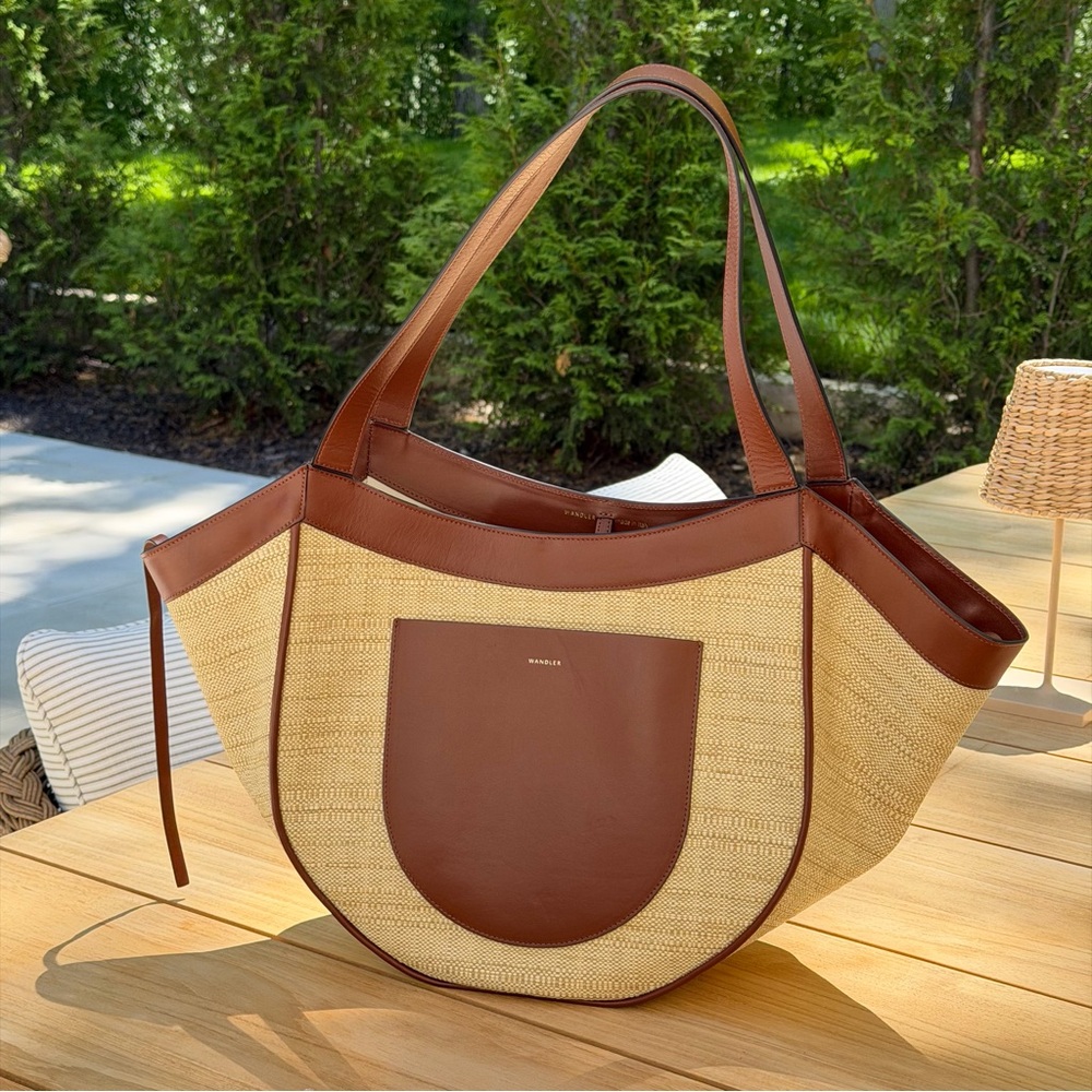 Wandler Natural Straw Tote with Brown Leather Trim